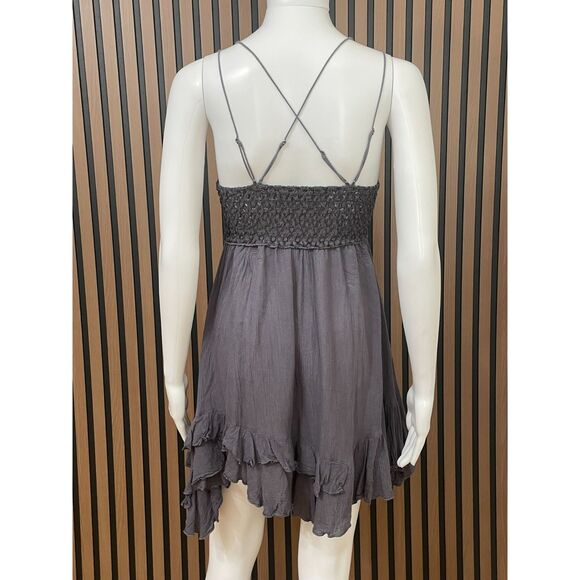 Free People FP One Adella Women's Dress Mini Lace Detail Boho Tiered Hem S Brown - Picture 2 of 6